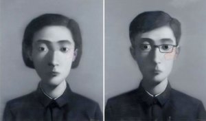 Sold in Hong Kong for $1.1 million USD, $372,000 over high estimate: Zhang Xiaogang's "Comrade (Diptych)" Image: Sotheby's